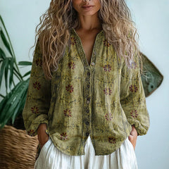Women's Boho Linen Button-Down Blouse V-Neck Long Sleeve | Autumn - Light Olive Green