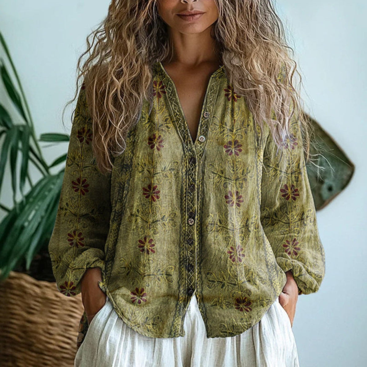 Women's Boho Linen Button-Down Blouse V-Neck Long Sleeve | Autumn - Light Olive Green