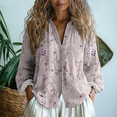 Women's Boho Linen Button-Down Blouse V-Neck Long Sleeve | Autumn - Light Pink
