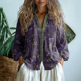 Women's Boho Linen Button-Down Blouse V-Neck Long Sleeve | Autumn - Purple