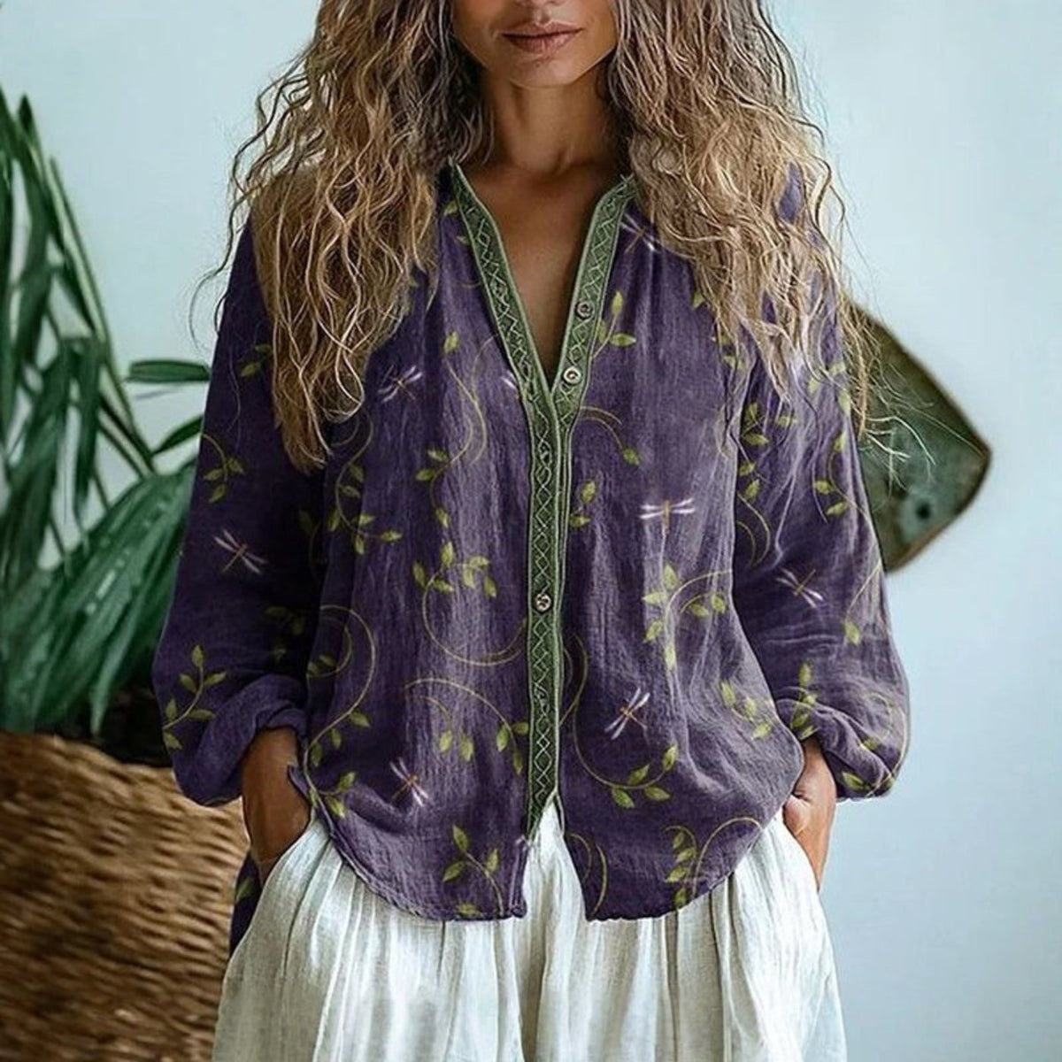 Women's Boho Linen Button-Down Blouse V-Neck Long Sleeve | Autumn - Purple