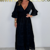 Women's Boho Maxi Dress | Embroidered | Ruffled Sleeves | Summer - Black