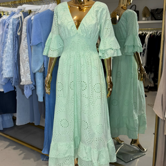Women's Boho Maxi Dress | Embroidered | Ruffled Sleeves | Summer - Mint Green