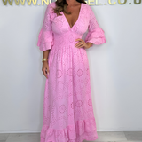 Women's Boho Maxi Dress | Embroidered | Ruffled Sleeves | Summer - Pink