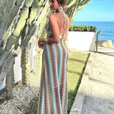 Women's Boho Maxi Dress | Halter Backless | Retro Print | Summer - Wine/Beige