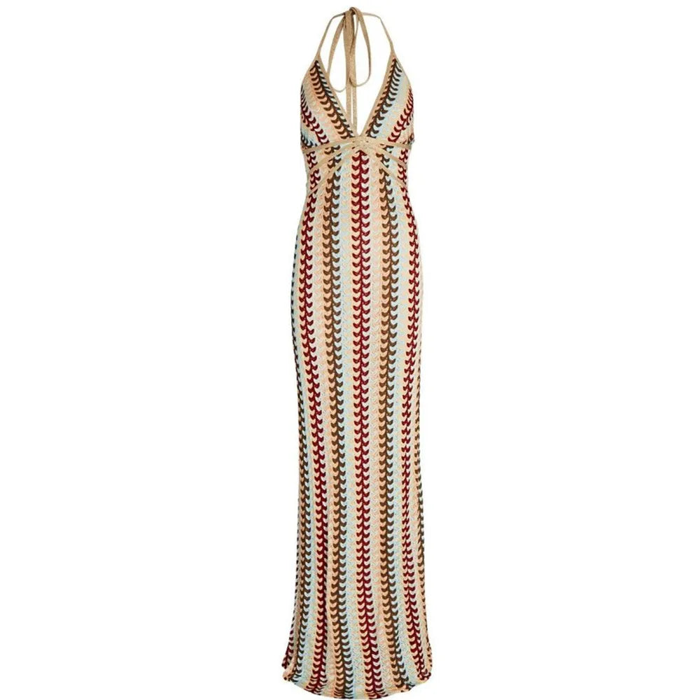 Women's Boho Maxi Dress | Halter Backless | Retro Print | Summer