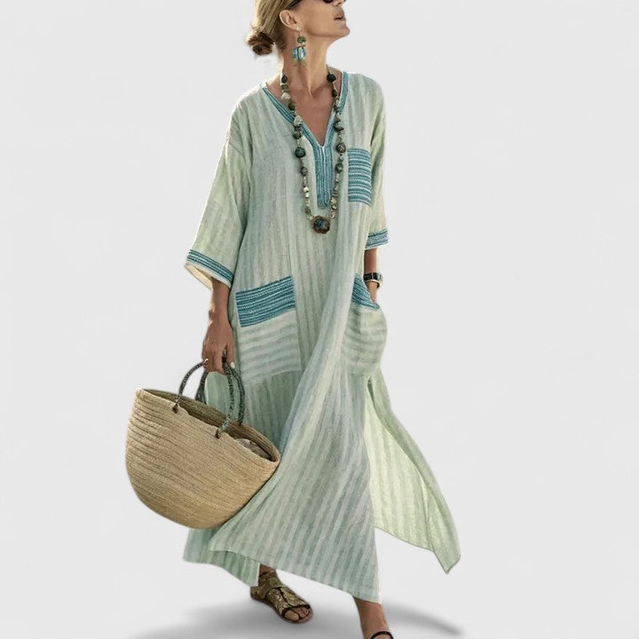 Women's Boho Maxi Dress with Pockets - Relaxed Summer Style - Black Green