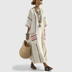 Women's Boho Maxi Dress with Pockets - Relaxed Summer Style - Black Pink