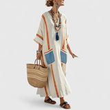 Women's Boho Maxi Dress with Pockets - Relaxed Summer Style - Orange Blue