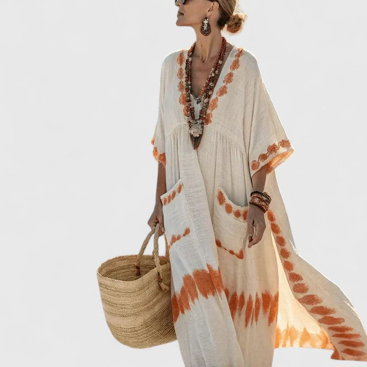 Women's Boho Maxi Dress with Pockets - Relaxed Summer Style - Orange