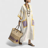 Women's Boho Maxi Dress with Pockets - Relaxed Summer Style - Yellow Purple