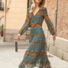 Women's Boho Medallion Print Midi Dress - Puff Sleeves Tiered | Autumn