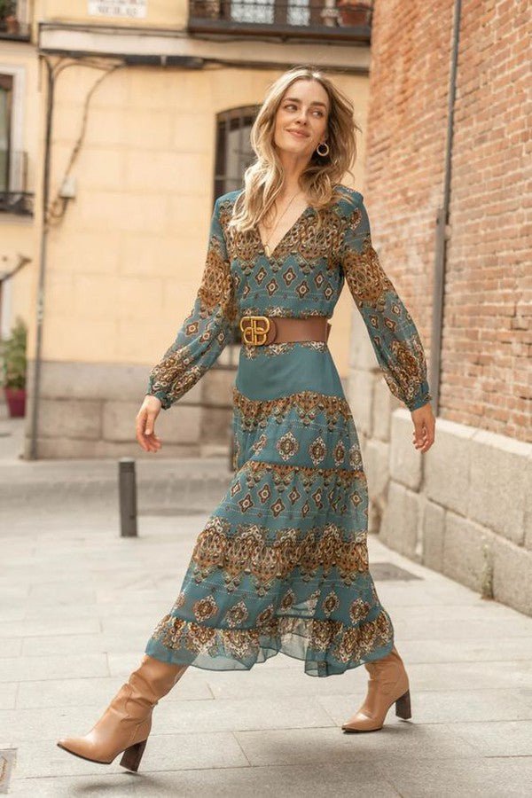 Women's Boho Medallion Print Midi Dress - Puff Sleeves Tiered | Autumn