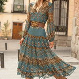 Women's Boho Medallion Print Midi Dress - Puff Sleeves Tiered | Autumn - Size S