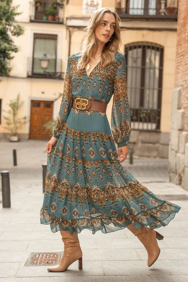 Women's Boho Medallion Print Midi Dress - Puff Sleeves Tiered | Autumn - Size S