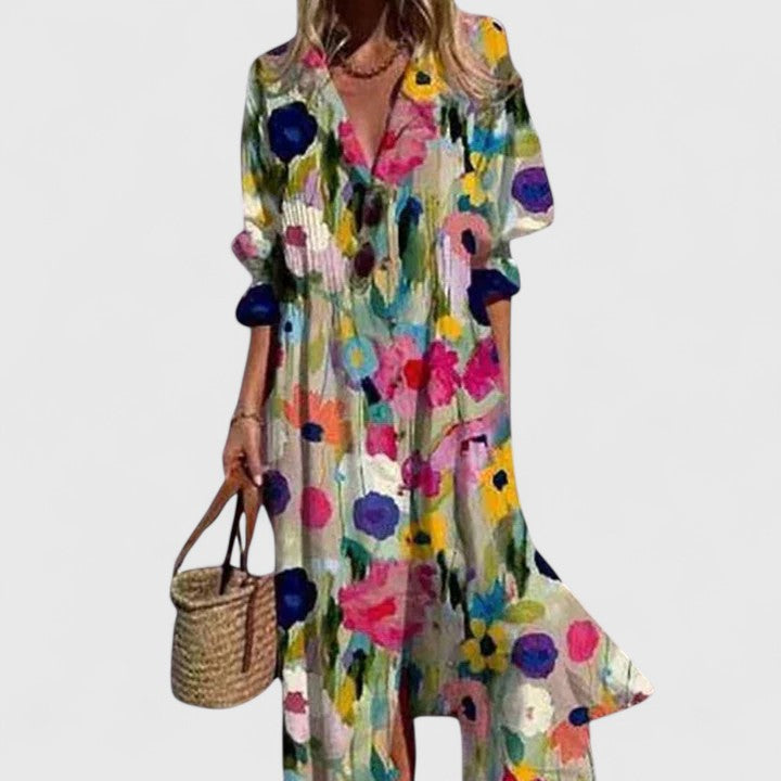 Women's Boho Midi Dress - Vibrant Floral Print | Spring - Multicolor