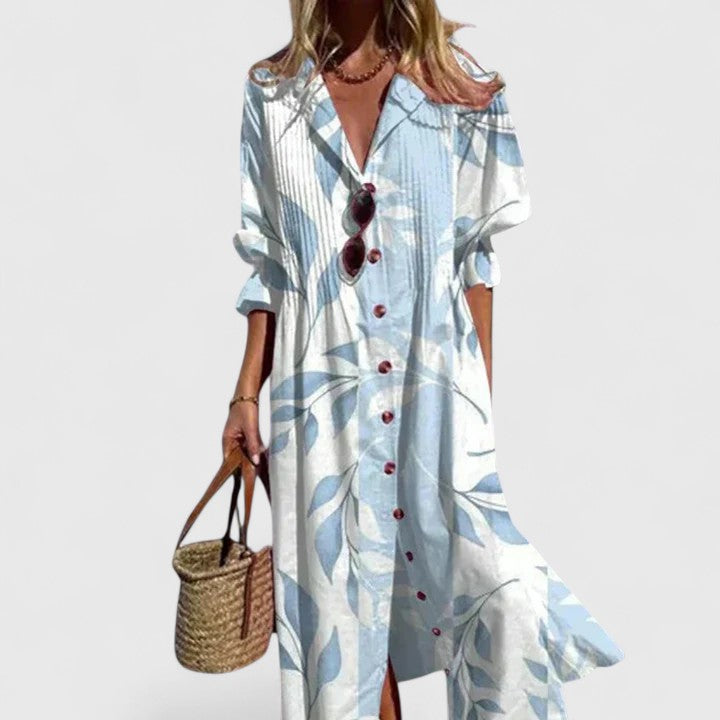 Women's Boho Midi Dress - Vibrant Floral Print | Spring - Sky Blue
