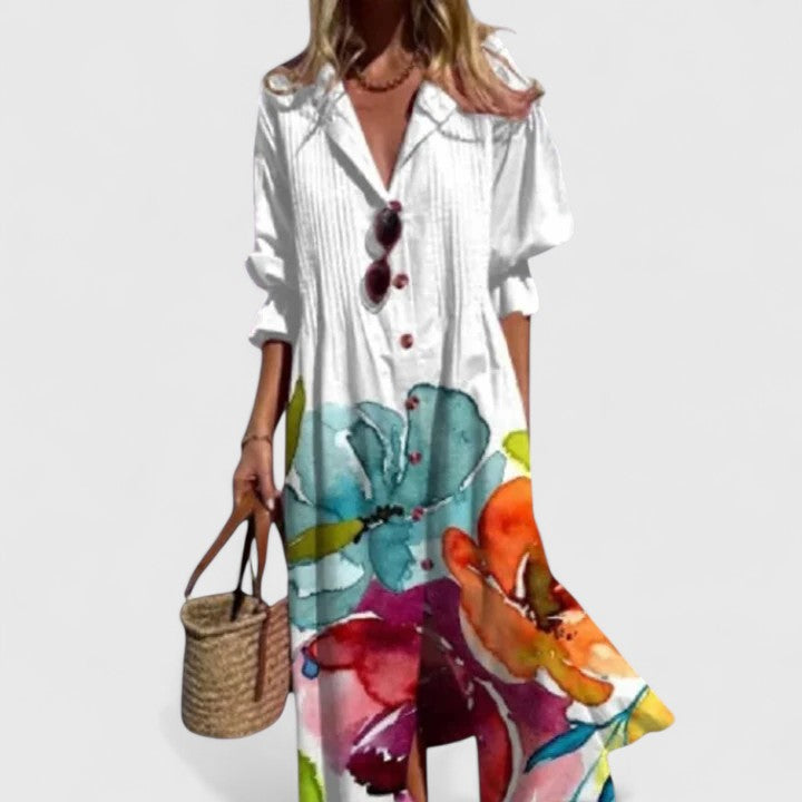 Women's Boho Midi Dress - Vibrant Floral Print | Spring - White