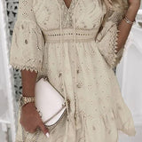 Women's Boho Mini Dress V-Neck Bell Sleeves Eyelet Lace | Spring - Beige
