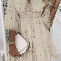 Women's Boho Mini Dress V-Neck Bell Sleeves Eyelet Lace | Spring - Beige
