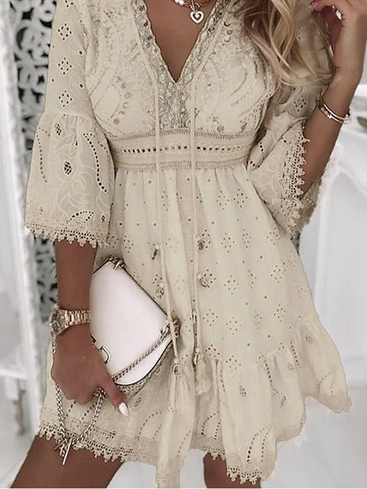 Women's Boho Mini Dress V-Neck Bell Sleeves Eyelet Lace | Spring - Beige