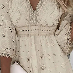 Women's Boho Mini Dress V-Neck Bell Sleeves Eyelet Lace | Spring
