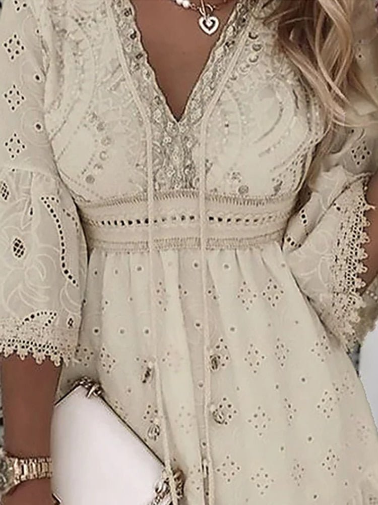 Women's Boho Mini Dress V-Neck Bell Sleeves Eyelet Lace | Spring