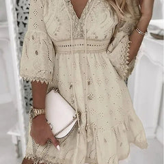 Women's Boho Mini Dress V-Neck Bell Sleeves Eyelet Lace | Spring