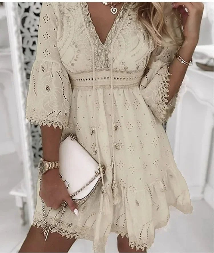 Women's Boho Mini Dress V-Neck Bell Sleeves Eyelet Lace | Spring