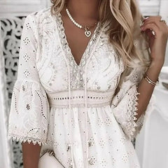 Women's Boho Mini Dress V-Neck Bell Sleeves Eyelet Lace | Spring