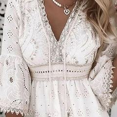 Women's Boho Mini Dress V-Neck Bell Sleeves Eyelet Lace | Spring