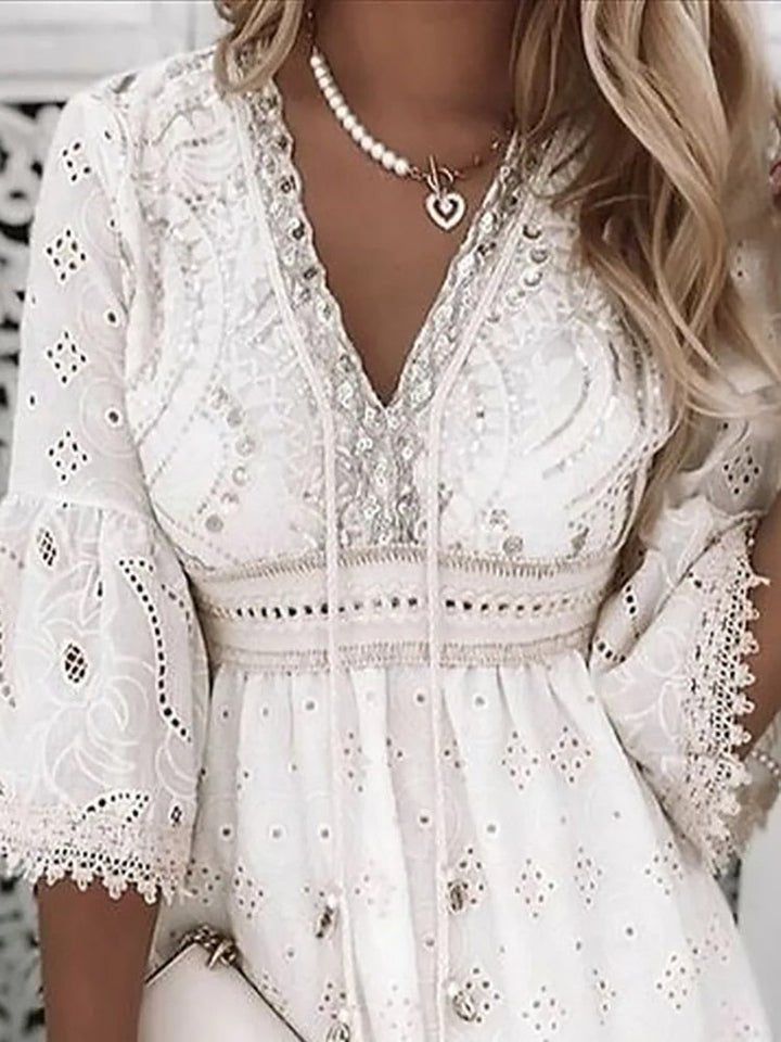 Women's Boho Mini Dress V-Neck Bell Sleeves Eyelet Lace | Spring