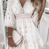 Women's Boho Mini Dress V-Neck Bell Sleeves Eyelet Lace | Spring - White