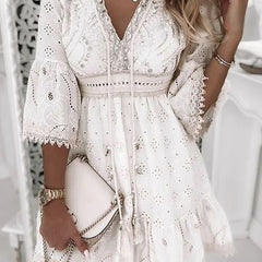 Women's Boho Mini Dress V-Neck Bell Sleeves Eyelet Lace | Spring - White