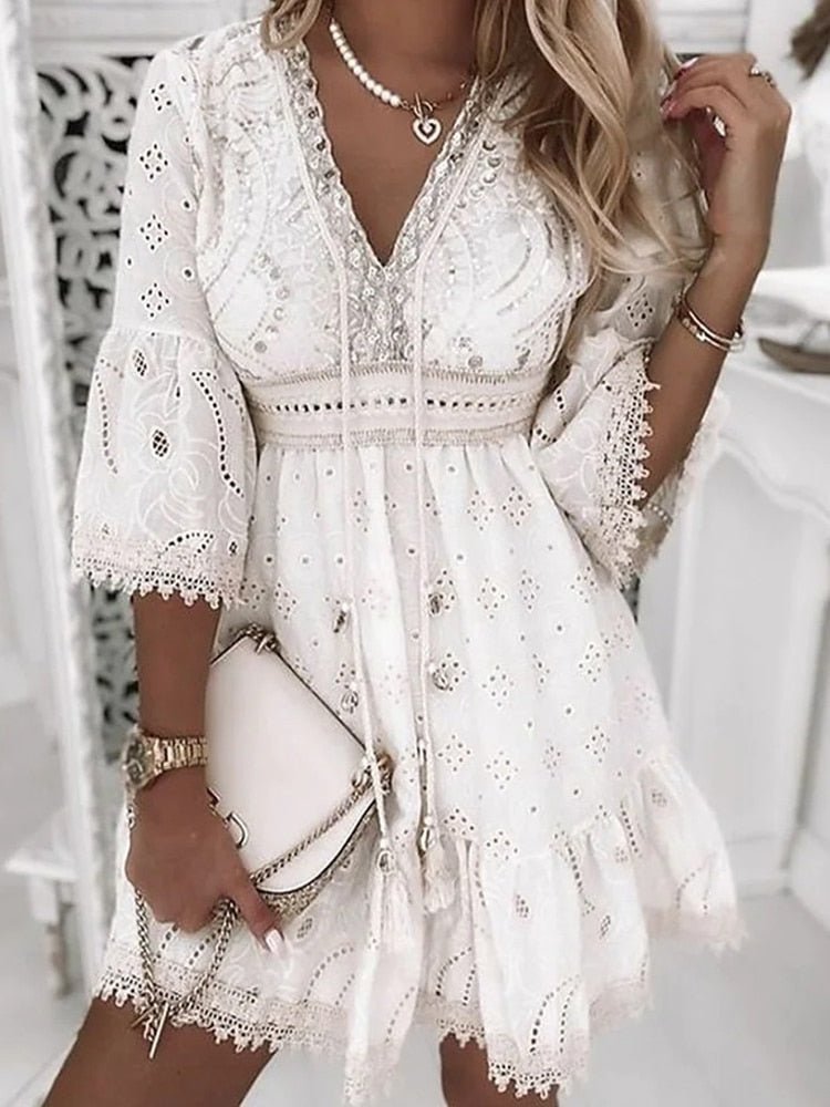 Women's Boho Mini Dress V-Neck Bell Sleeves Eyelet Lace | Spring - White