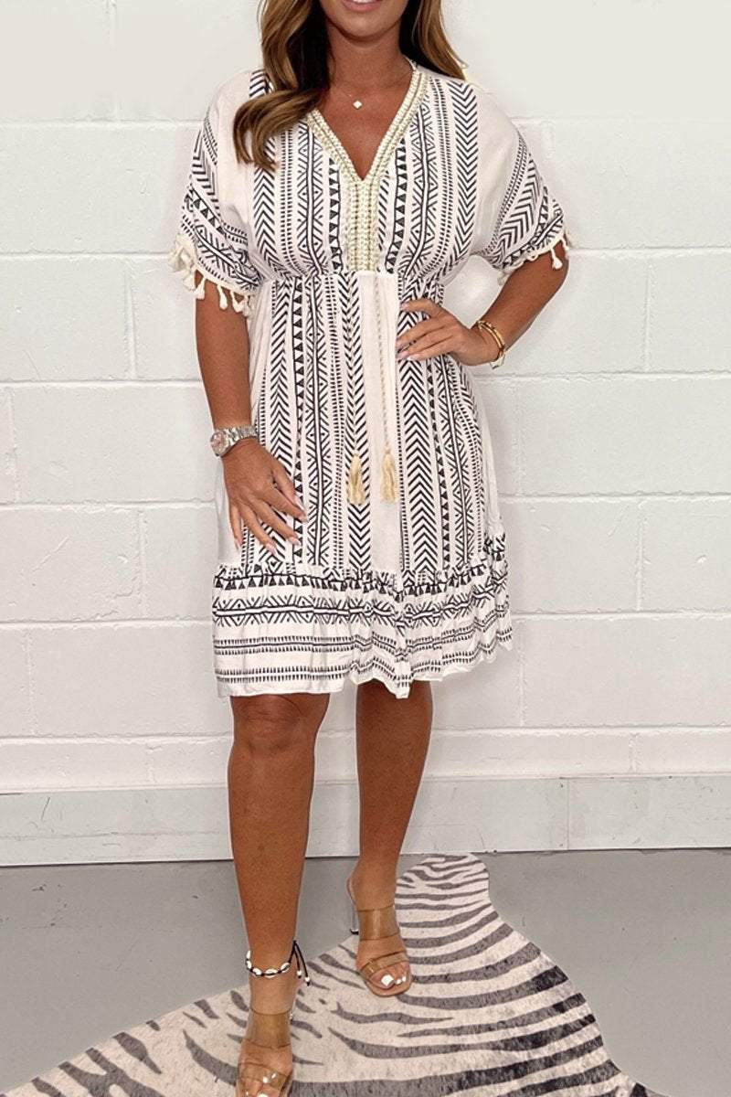 Women's Boho Printed Tassel Mini Dress - Summer Beach Style - Gray