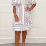 Women's Boho Printed Tassel Mini Dress - Summer Beach Style - Light Blue