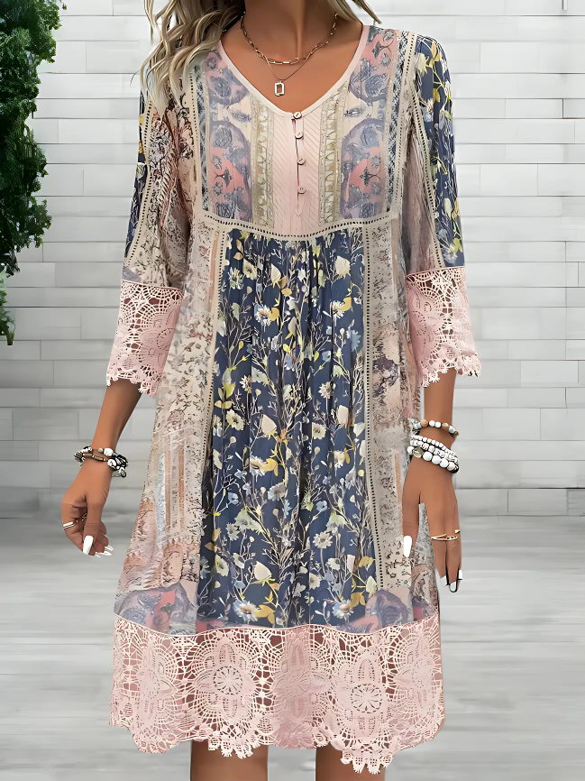 Women's Boho Printed V Neck Midi Dress - White | Spring - White