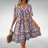 Women's Boho Printed V Neck Mini Dress - Summer Casual - Blue