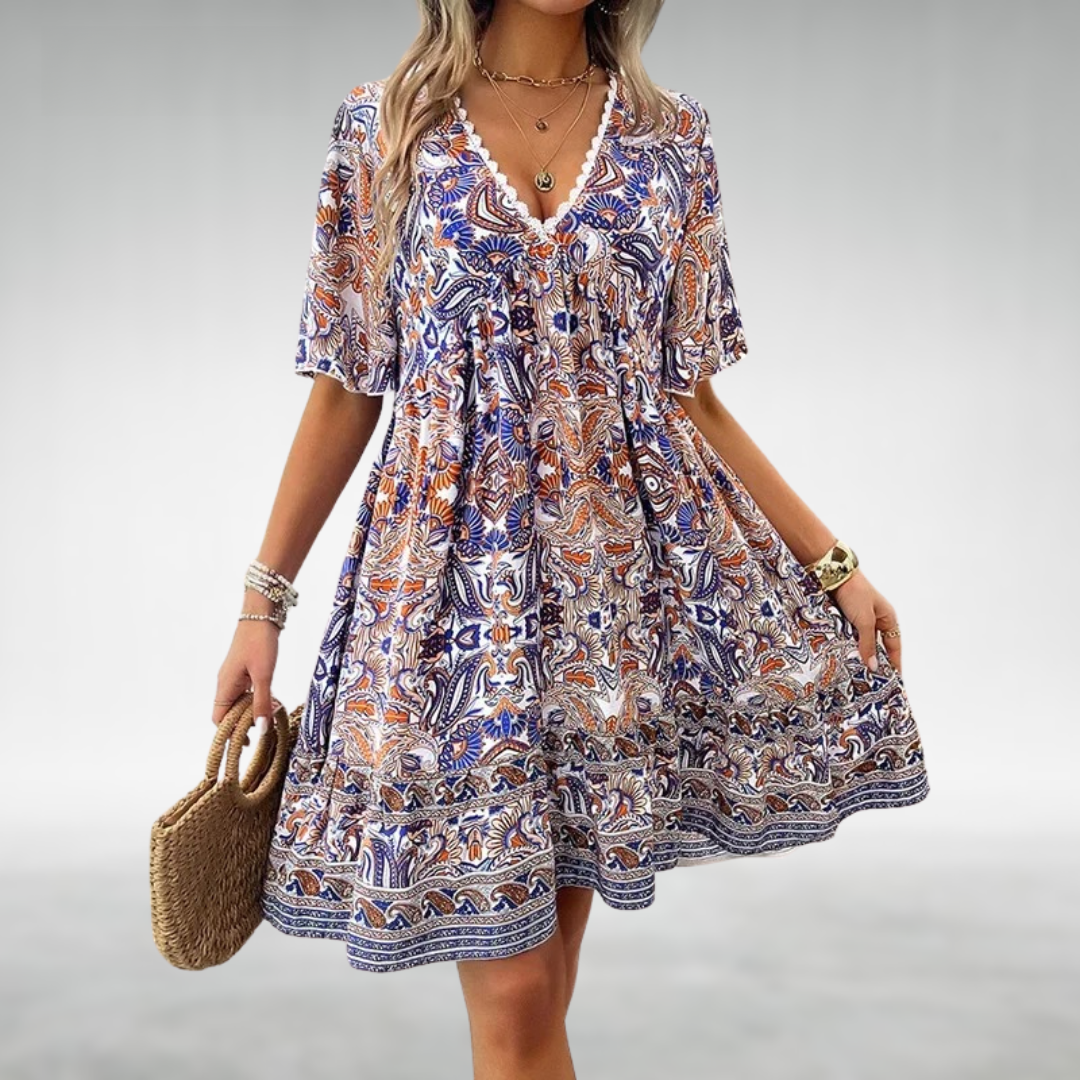 Women's Boho Printed V Neck Mini Dress - Summer Casual - Blue