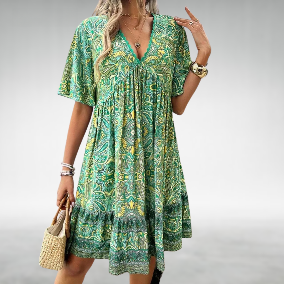 Women's Boho Printed V Neck Mini Dress - Summer Casual - Green