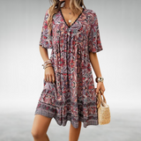 Women's Boho Printed V Neck Mini Dress - Summer Casual - Red
