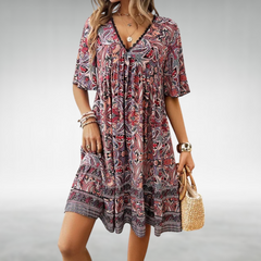 Women's Boho Printed V Neck Mini Dress - Summer Casual - Red