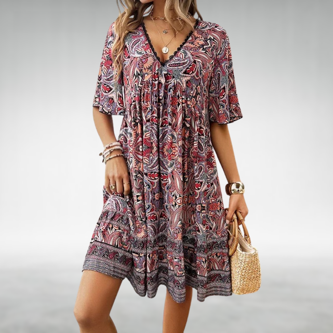 Women's Boho Printed V Neck Mini Dress - Summer Casual - Red