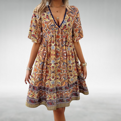 Women's Boho Printed V Neck Mini Dress - Summer Casual - Yellow