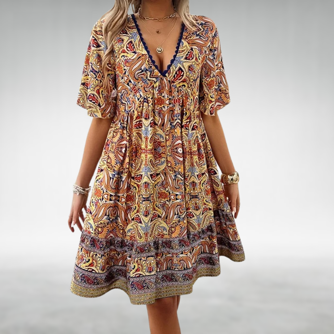 Women's Boho Printed V Neck Mini Dress - Summer Casual - Yellow