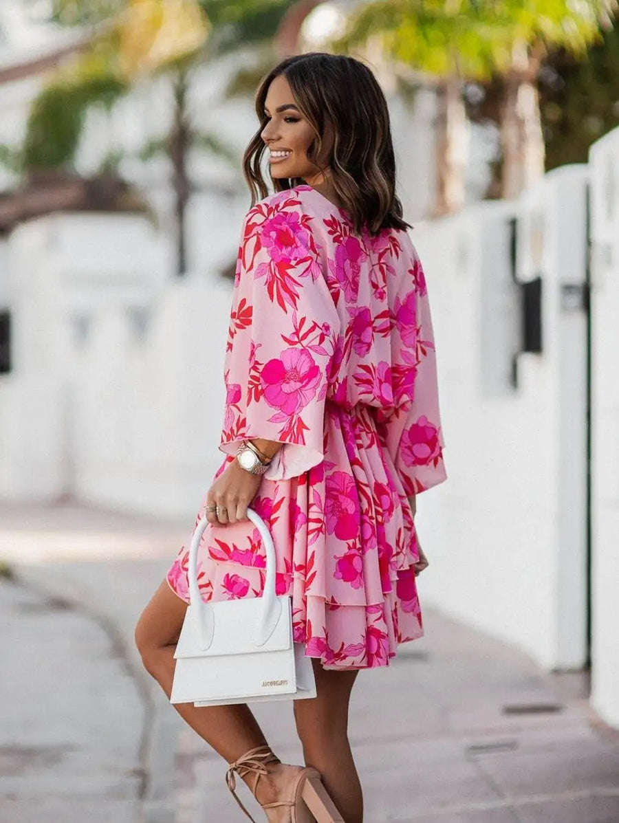 Women's Boho Tropical-Print Mini Dress Tiered Skirt | Spring