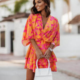Women's Boho Tropical-Print Mini Dress Tiered Skirt | Spring - Orange