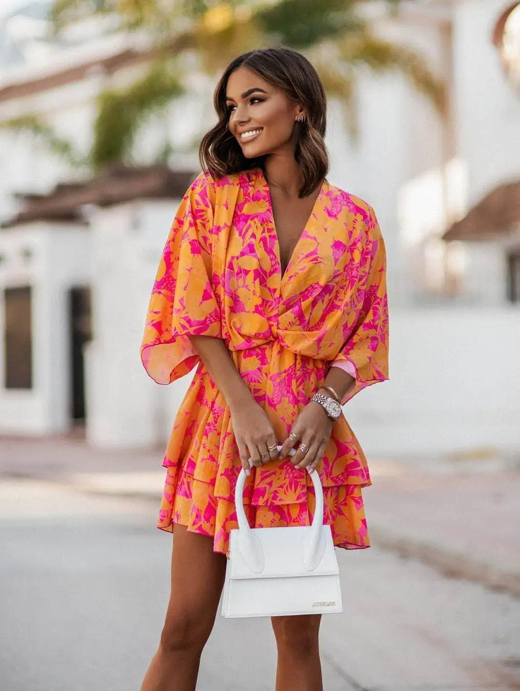 Women's Boho Tropical-Print Mini Dress Tiered Skirt | Spring - Orange