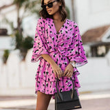 Women's Boho Tropical-Print Mini Dress Tiered Skirt | Spring - Pink